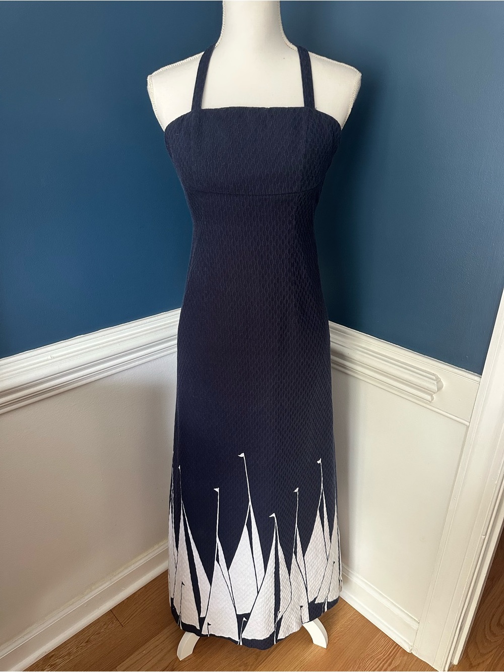 Vintage L.L.Bean Navy Sailboat Print Textured Halter Maxi Dress Size 6